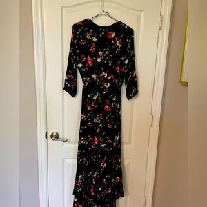 Black 3/4 length sleeve flower wrap dress